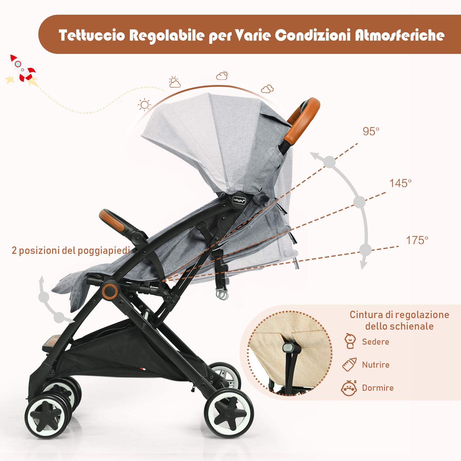 RELAX4LIFE Passeggino Leggero per Bambole 0-3 Anni, Passeggino Pieghevole con Una Mano, Telaio in Alluminio, Schienale Regolabile, Passeggino da Viaggio con Zanzariera e Cinture 5punti (Grigio)