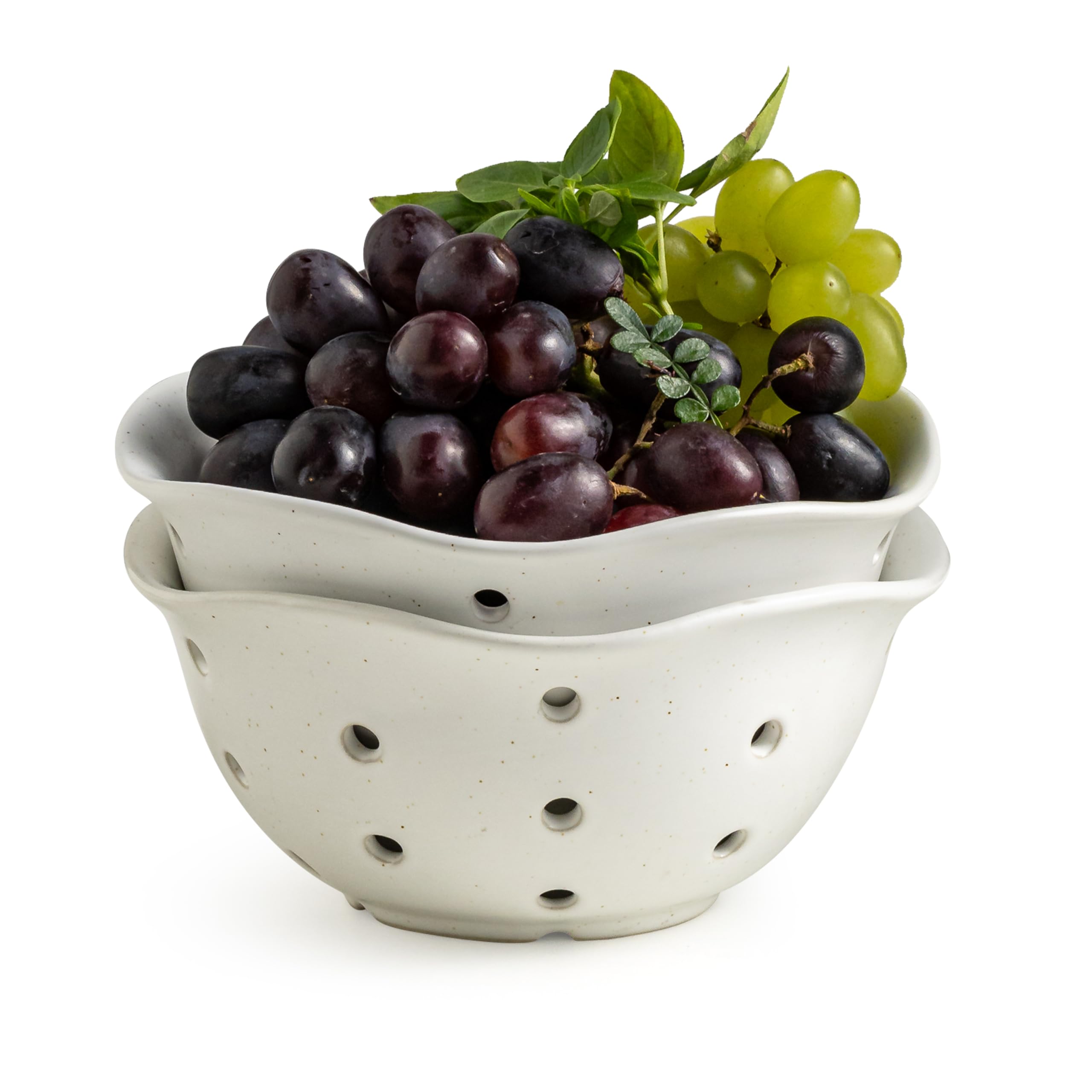 Gomakren Ceramic Berry Basket Set of 2, Floral Fruit Bowl 6in, Cream White
