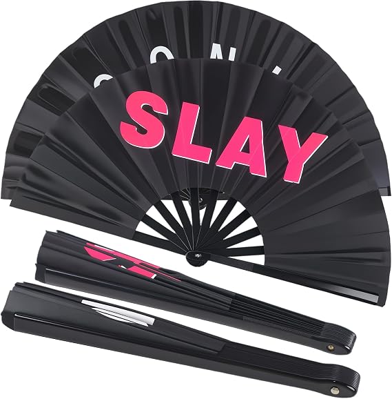 2 Pack Large Folding Hand Fan Men/Women Rave Fan, Chinese Kung Fu Tai Chi Hand Fan Black Vintage Foldable Hand Fans for Dancing, Festival, Gift, Home Decorations(Iconic & SLAY)