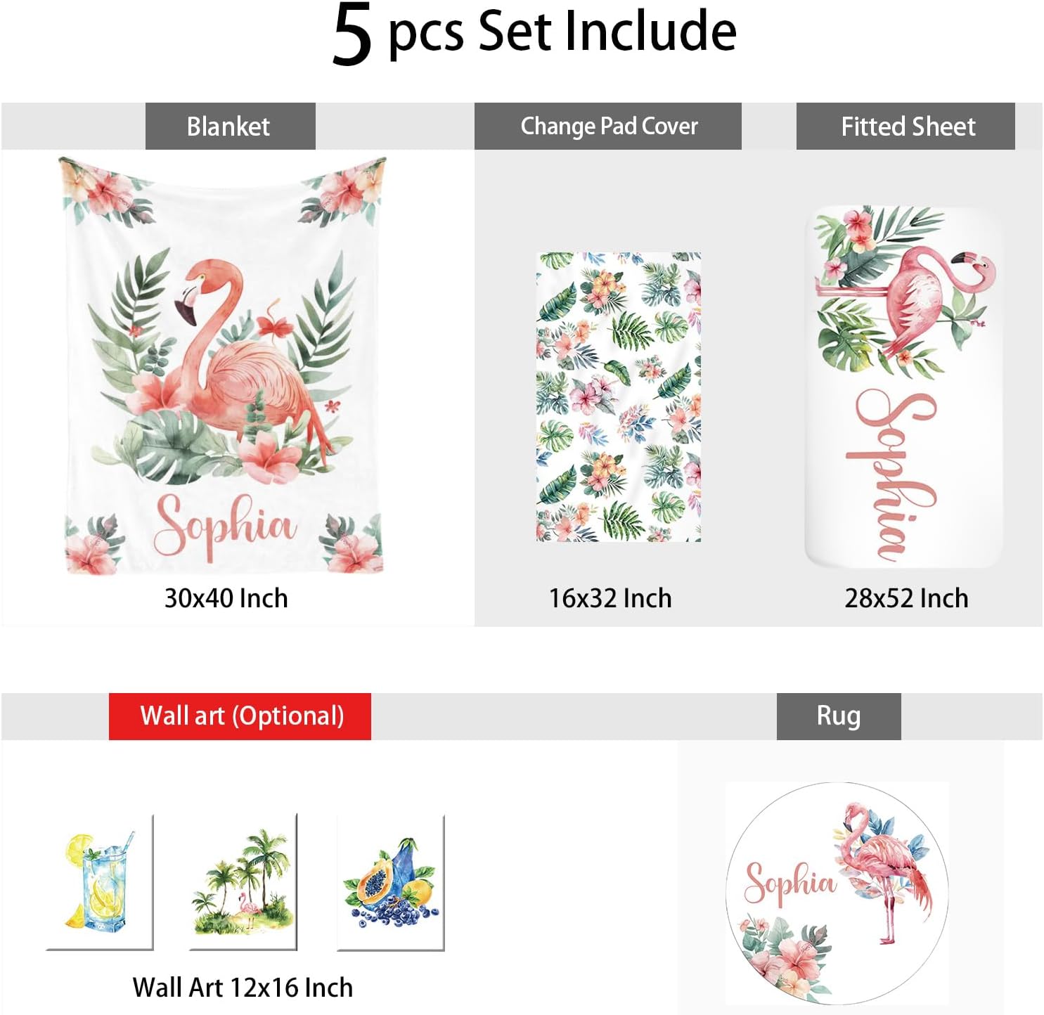 Custom Baby Crib Bedding Set, 4 Pcs Personalized Flamingo Bedding Set with Name, Flannel Blanket Fitted Sheet Pad Cover Rug for Girls Boys New Parents Baby Shower Toddlers Gifts Nursery Decor