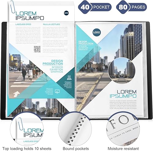 Vista 45 de Marspark 6 carpetas con fundas de plástico grandes de 8.5 x 11 pulgadas, 40 bolsillos, 80 páginas, portafolio de arte, protector de hojas Negro