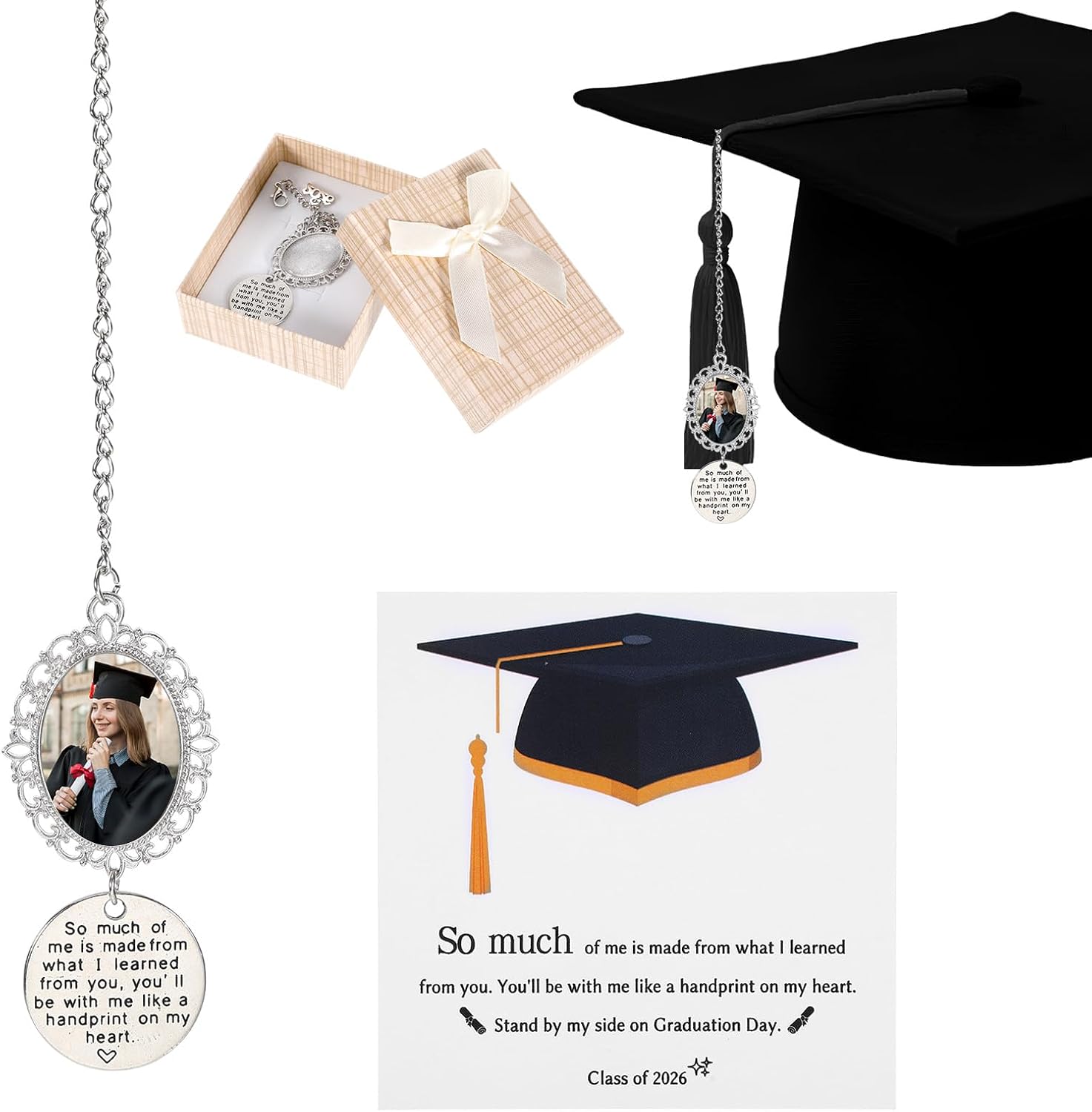 Graduation Tassel Photo Charm, 2 Sets Cap Graduation Accessories Class of 2026 - Tassel Picture Charm with Memory Card & Gift Box, Graduate Gifts Keepsake for Her Friends Classmates Daughter (Silver)