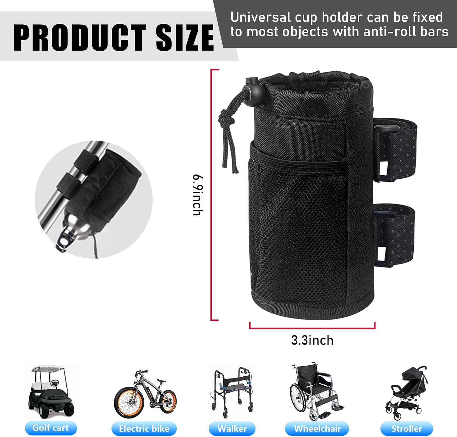 Ohleats 2PCS Cup Holder for Bike, Oxford Cycling Drink Holder with Mesh Pocket and Cord Lock, Universal Water Bottle Organizer for Scooter Wheelchair Handlebar, Bike Accessories (Black) image 2