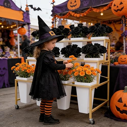 Miniatura 3 de Soporte de exhibición de flores de metal de 3 niveles, carrito móvil resistente para plantas de flores con 12 cubos y ruedas con cerradura, estante