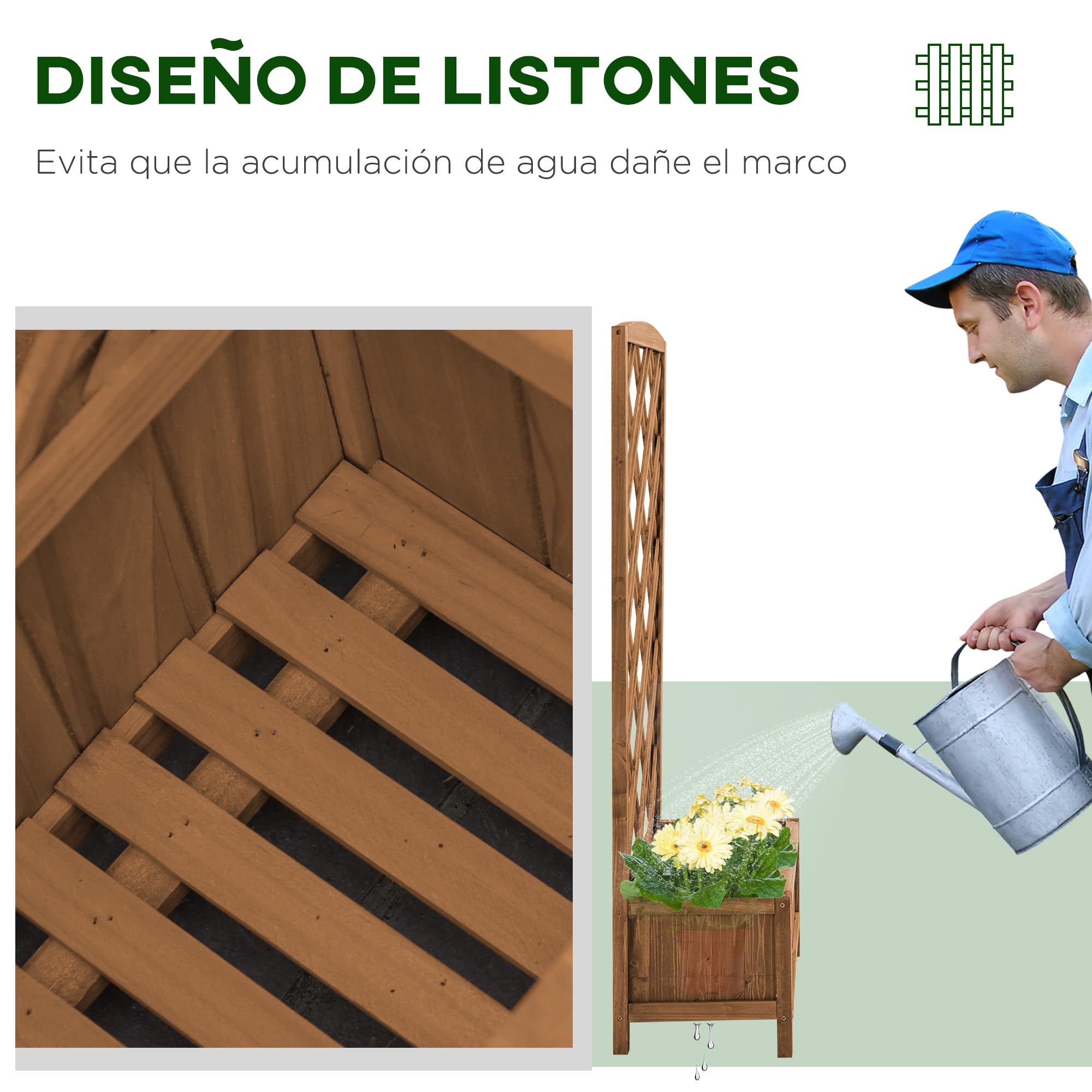 Outsunny Jardinera con Enrejado Jardinera con Celosía de Madera Macetero con Soporte para Trepadora Cultivos Plantas en Exterior Terraza Jardín Balcón 60x30x122,5 cm Natural
