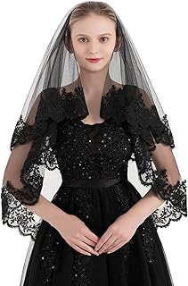 PAMOR Black Lace Veil Creative Cathedral Tulle Sheer Wedding Halloween Veil for Bride With Hand-sewn Metal Comb