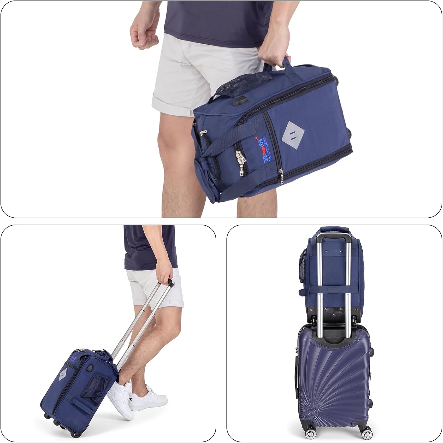 Boardingblue 17x10x9 Inches United Airlines Rolling Personal Item Under Seat Duffle Bag Luggage Suitable For Major Airlines Including Spirit, and Frontier Airline (Navy)
