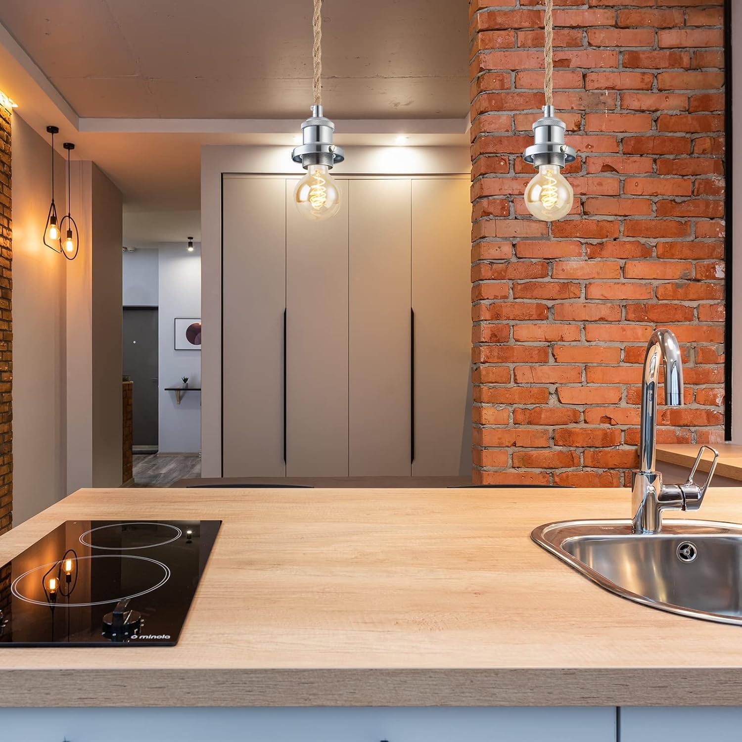 Industrial Mini Pendant Light Kit, E26 Socket Pendant Hanging Light, Hemp Rope Vintage Hanging Pendant Light Cord, Adjustable Pendant Lights Ceiling Mount Kitchen Island Farmhouse