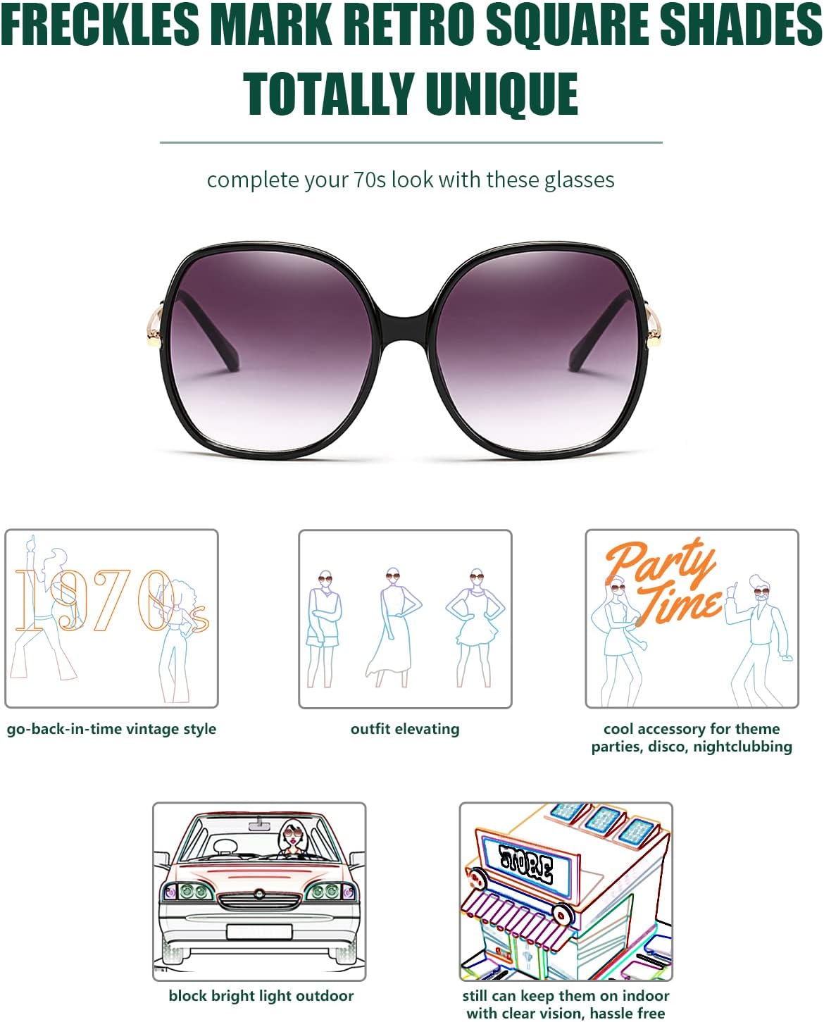 Freckles Mark 70s Super Oversize Square Sunglasses for Women Vintage Rectangular Plastic Frame - Image 5