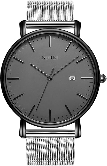 BUREI Ultra Thin Minimalist Modern Mens Watch Classy Date Gents Watch with Classic Simple Design of Big Face and Stainless Steel Band
