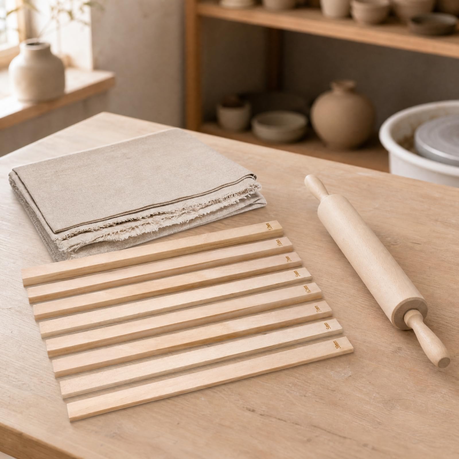 Amagogo Mattarello in Legno di Pino con Guide di Spessore e Tappetino da Lavoro Adatti a Principianti Ed Esperti Resistenti Crepe per Aula Scolastica, Stile A