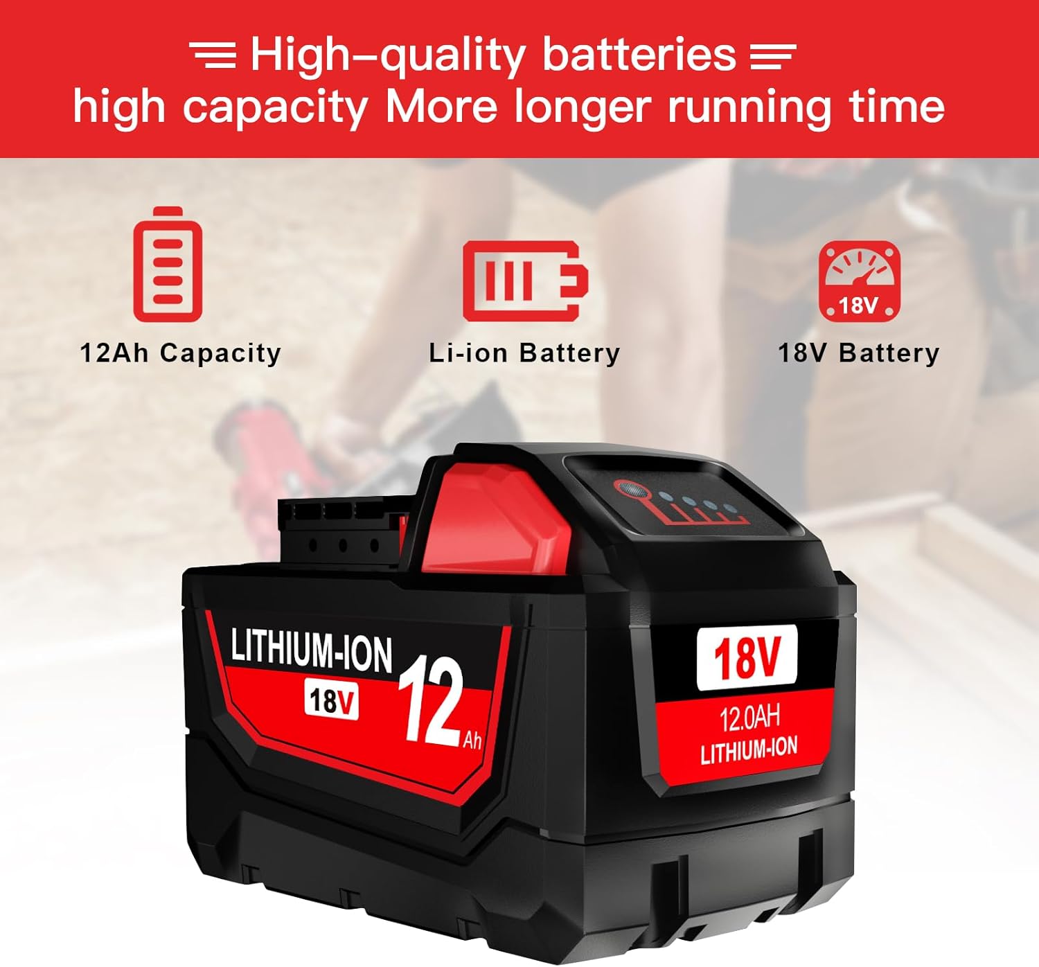 2Pack 12.0Ah Replacement for Milwaukee M18 Battery Compatible with Milwaukee 18V Battery Lithium 48-11-1810 48-11-1820 48-11-1840 48-11-1850 48-11-1828 All Milwaukee M18 Cordless Power Tools - Image 2