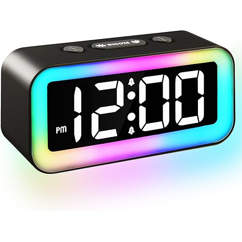 Colorful Nightlight LED Digital Alarm Clock with Super Loud Dual alarm, Weekday mode, Snooze, Dimmer, USB Charging Port for Livingroom, Bedroom, Bedside, Heavy Sleeper, Adult, Kid, Teens, gift, Black