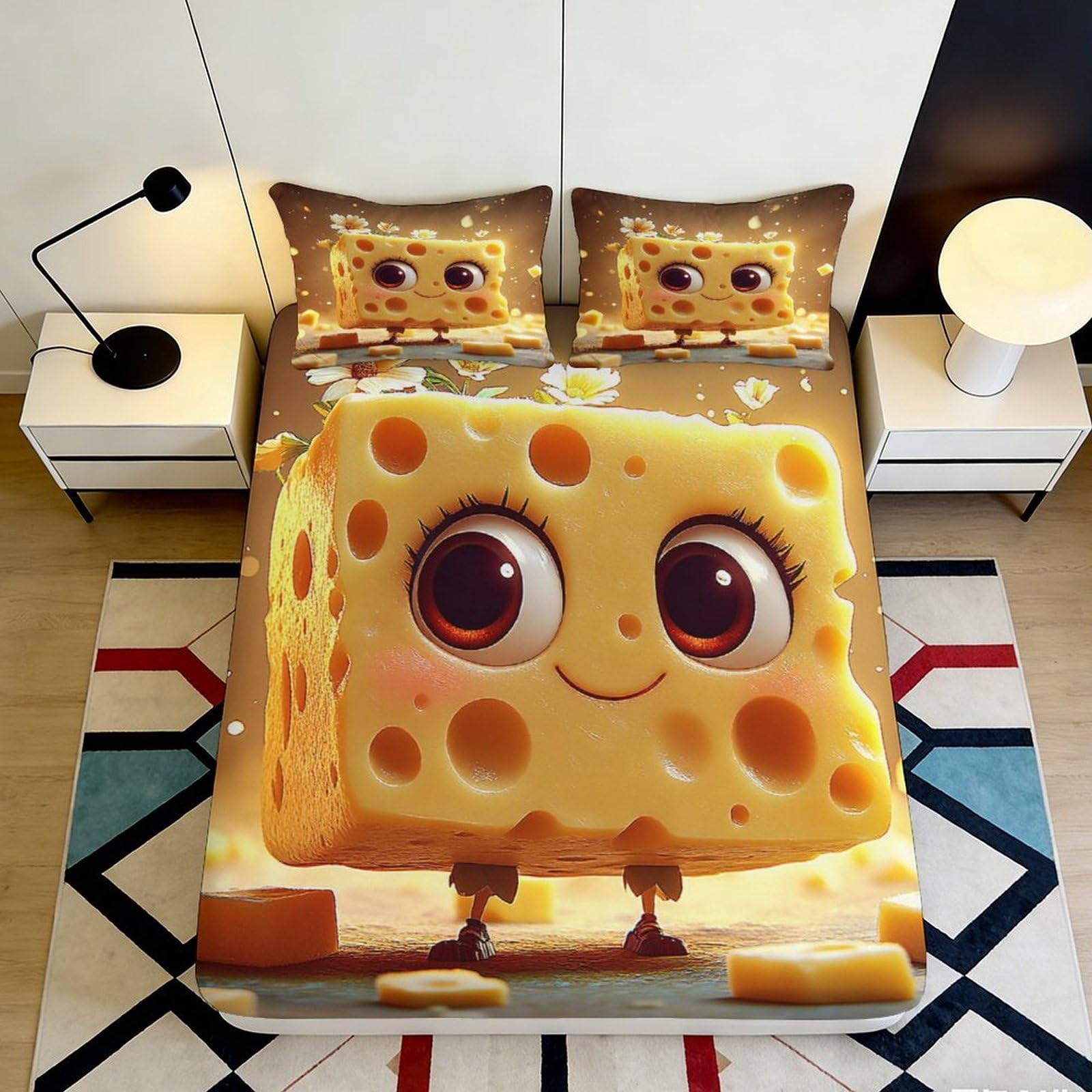 3D Printed Cute Cheese Cartoon Fitted Sheet Microfiber Soft Yellow Animal Bed Cover for Bedroom Dorm Mattress Protection Decor 90x200x25cm