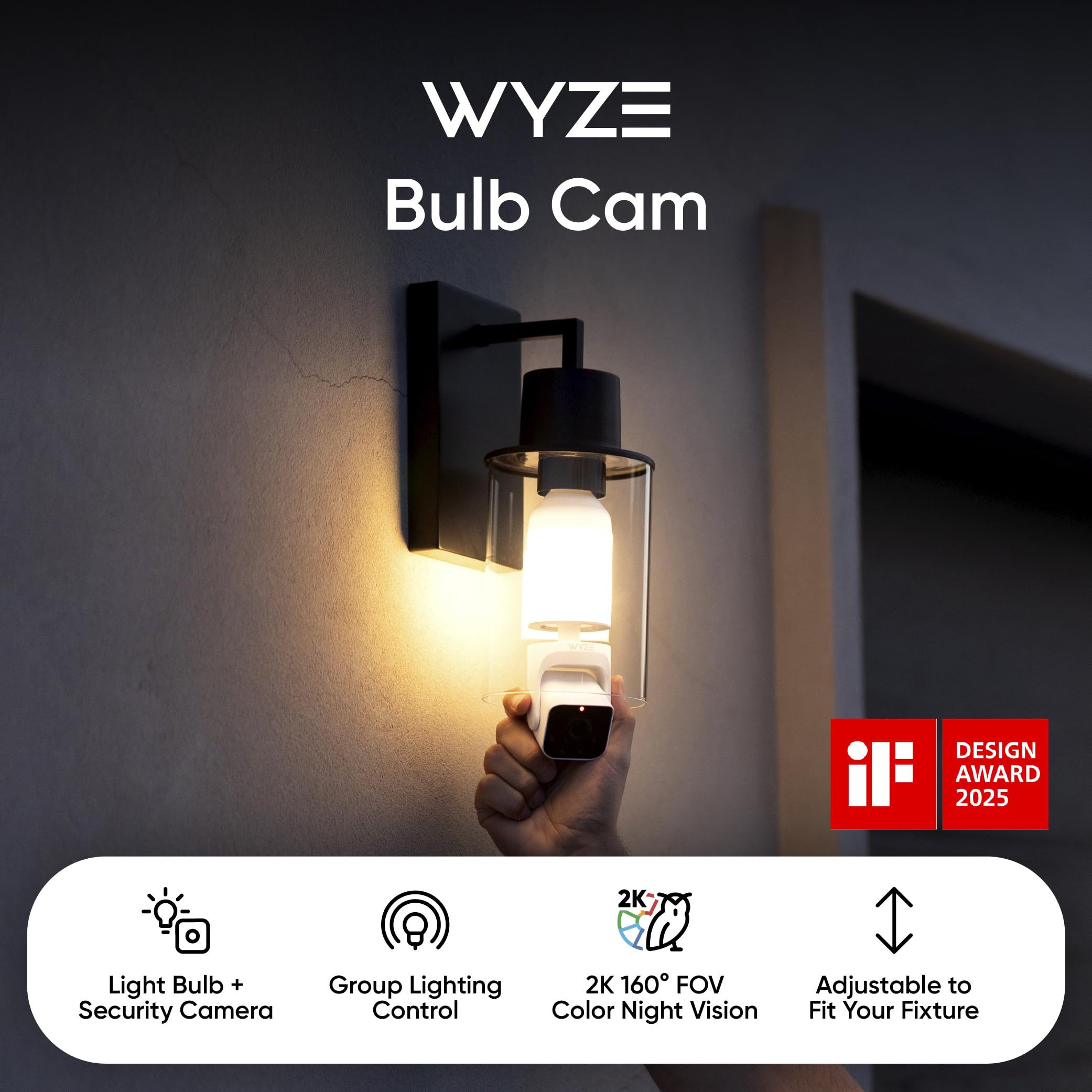 WYZE Bulb Cam Security Camera, 2K HD Outdoor Light Bulb Camera, Color Night Vision, Dimmable LED Bulb, Motion Detection, Siren Alarm, Works w/Alexa/Google Assistant. Free Expert Support