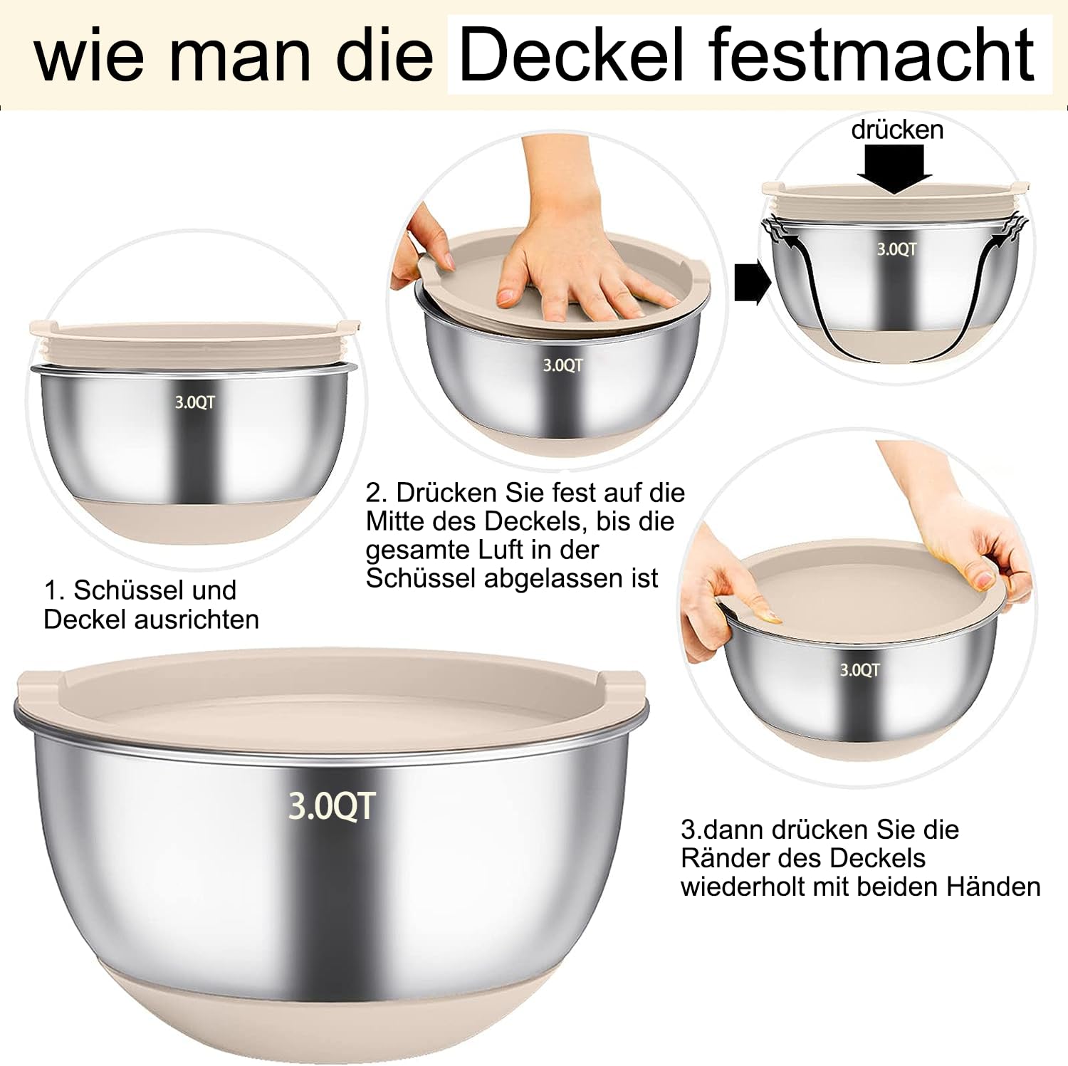 Terlulu Rührschüssel 6er Set, Edelstahl Schüssel Salatschüssel Set mit Deckel & Silikonboden, 3 Reibenaufsätzen, 4.7l/3.8l/2.8l/1.9l/1.4l/0.6l, Rutschfest & Stapelbar - Khaki