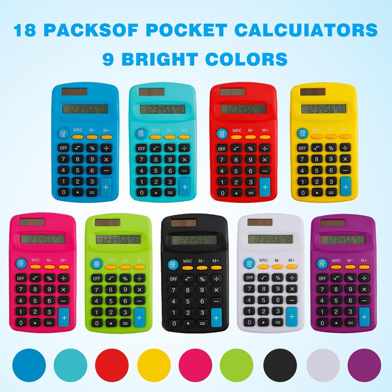 18 Pcs Pocket Calculator, Solar Battery Dual Power, Basic Calculators, Mini Colorful Basic Solar Battery Calculator, 8 Digit Display for Students Kids Home Office School