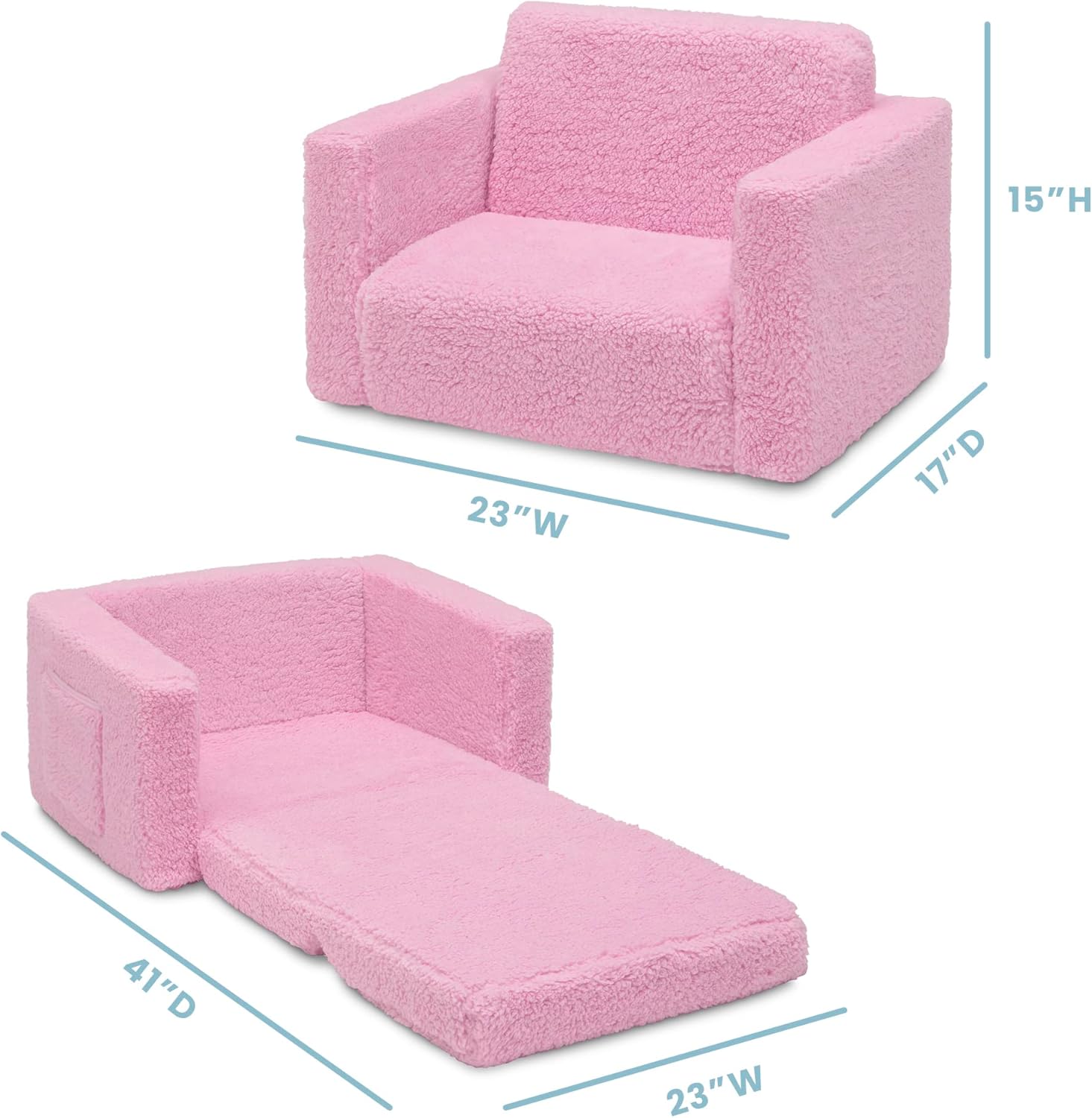 Delta Children Cozee Flip-Out Sherpa 2-in-1 Convertible Chair to Lounger for Kids, Pink - Image 3
