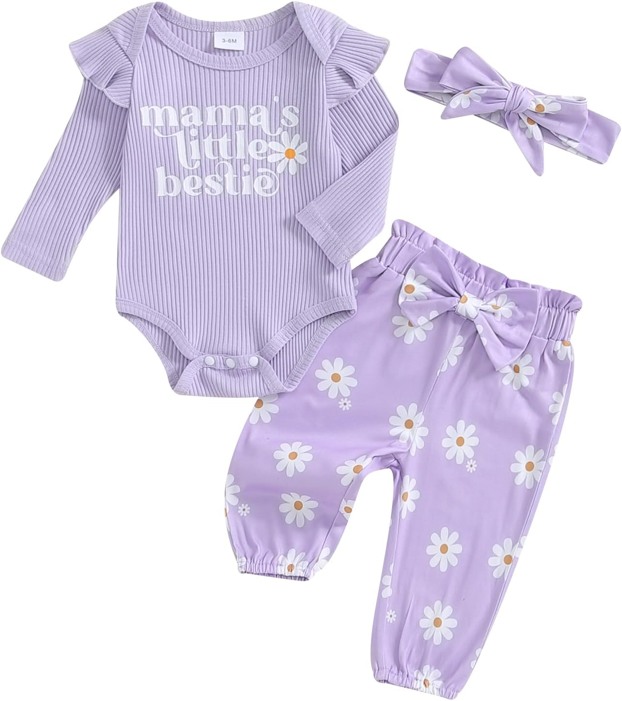 Infant Baby Girl Long Sleeve Mama's Little Bestie Letter Print Ribbed Romper Elastic Daisy Pants Headband Outfits