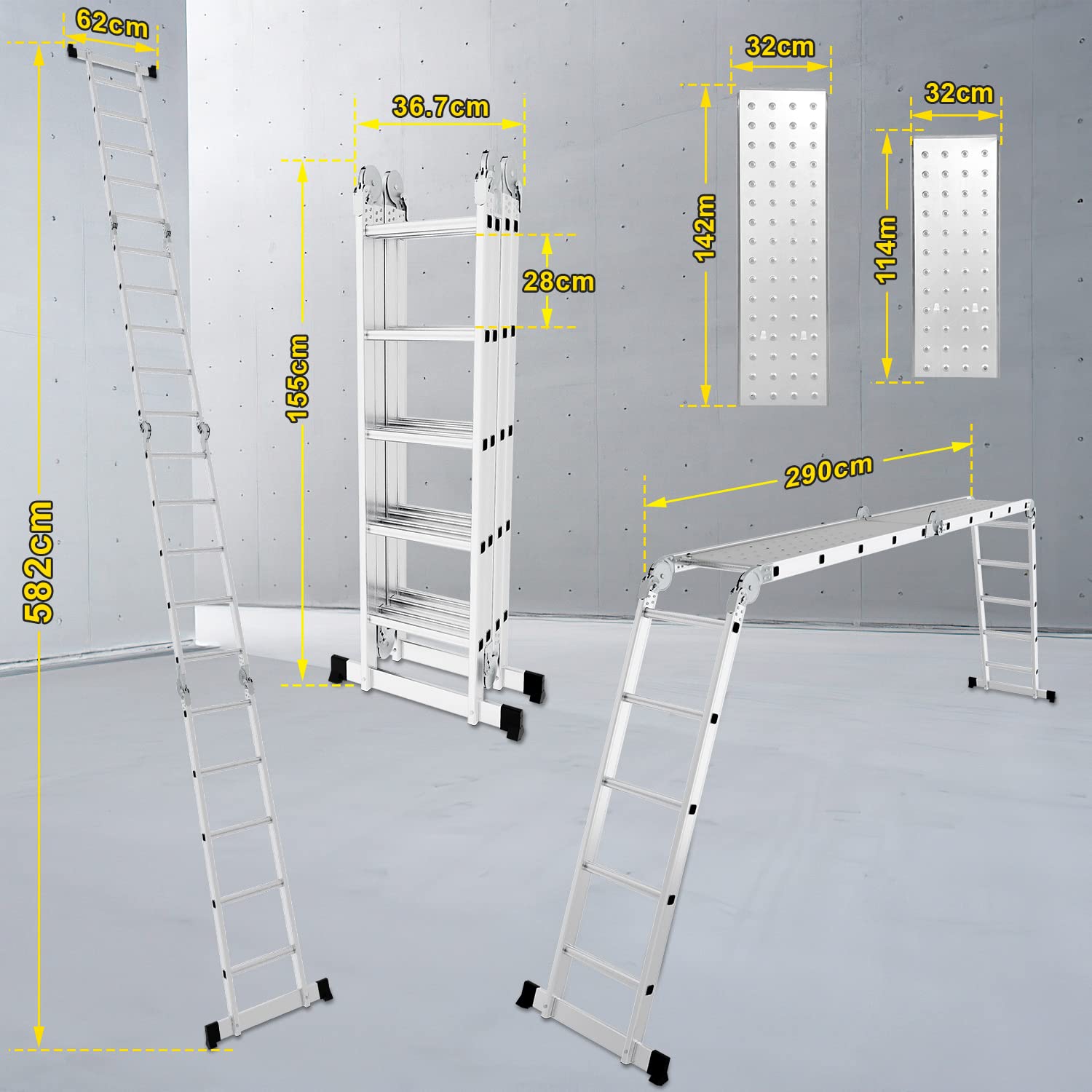 Herrselsam Scala multiuso 4 x 5, 7 in 1, 582 cm, in alluminio, pieghevole, con 2 piattaforme e ruote, portata massima 150 kg, scala multifunzione, 20 pioli (DY8973-M-1x)