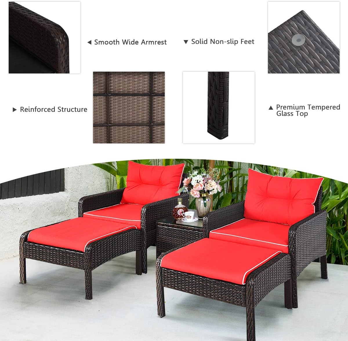 5 Pieces Wicker Patio Furniture Set, Outdoor Sectional Wicker Conversation Set with 2 Ottomans & Tempered Glass Top Coffee Table, Outdoor Lounge Chair Set for Balcony, Poolside(Red)