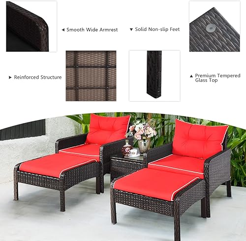 Miniatura 2 de Juego de muebles de mimbre para patio, juego de conversación de mimbre modular para exteriores con 2 otomanas y mesa de centro de vidrio templado,