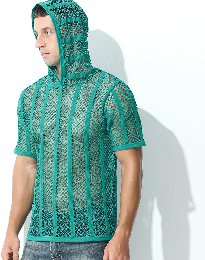 Mens Fishnet Shirt Hoodies See Through Mesh Short Sleeve T-Shirt Sheer Muscle Top - Image 2