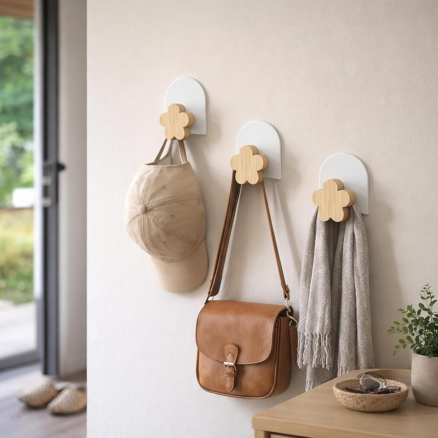 Kids Wall Hooks for Bedroom, Arch-Shaped Metal Base with Beech Wood Flower Hooks, 2 Installation Methods with 3M Adhesive or Tube Glue, No Drill Wall Protection (Flower)