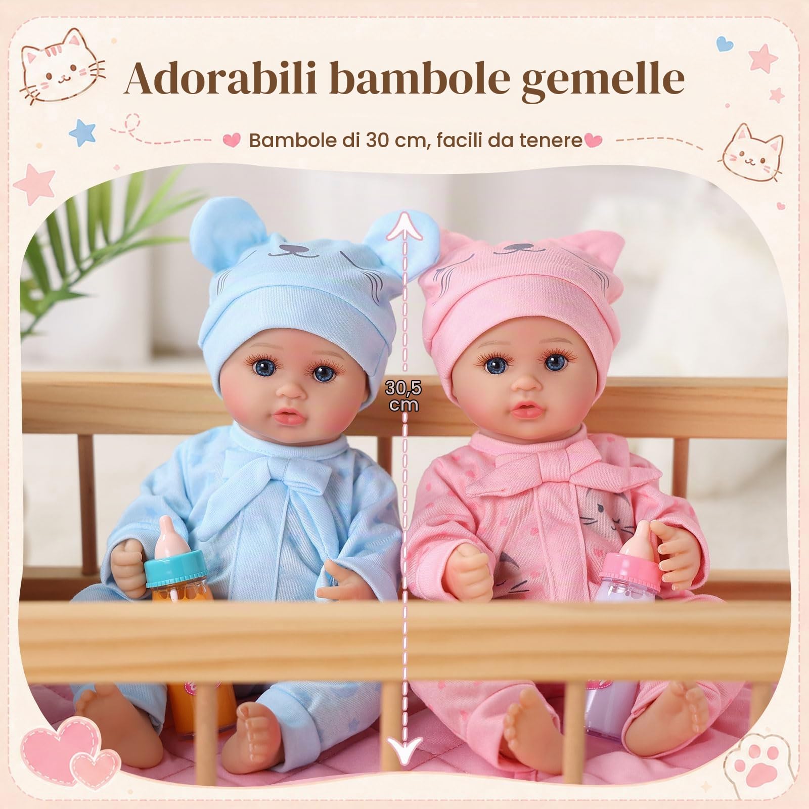 BABESIDE Bambole Gemelle 30cm Corpo Tutto in Vinile Bambola 3+ Anni | Bambole Set Gemelle, Corpo tutto in vinile, Arti flessibili, Perfetto per il gioco di ruolo