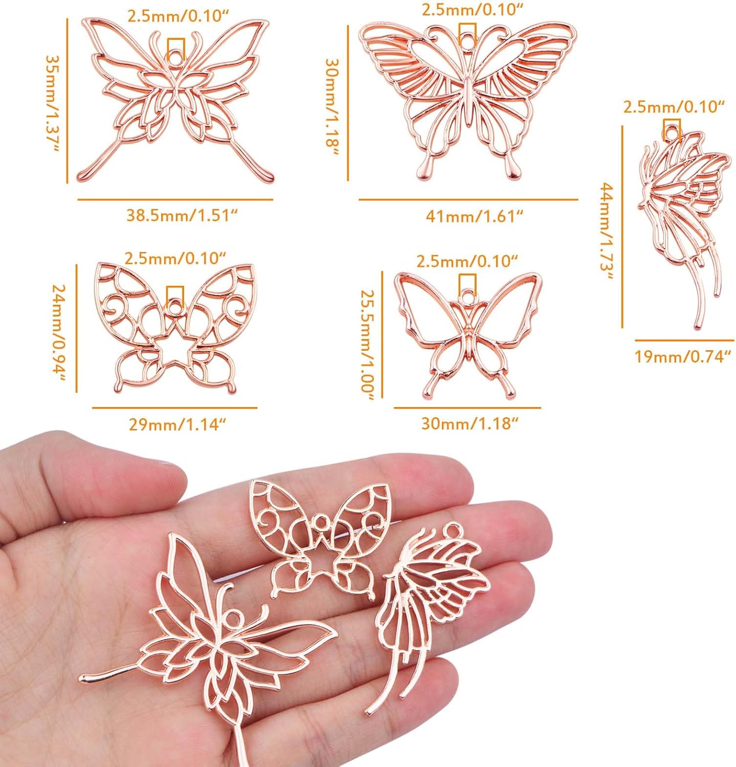 20pcs Rose Golden Butterfly Shape Open Back Bezel Pendants Alloy Hollow Butterfly Wings Frame Resin Mould Charms for DIY Necklace Earrings Jewelry Making Findings, 5 Styles - Image 2