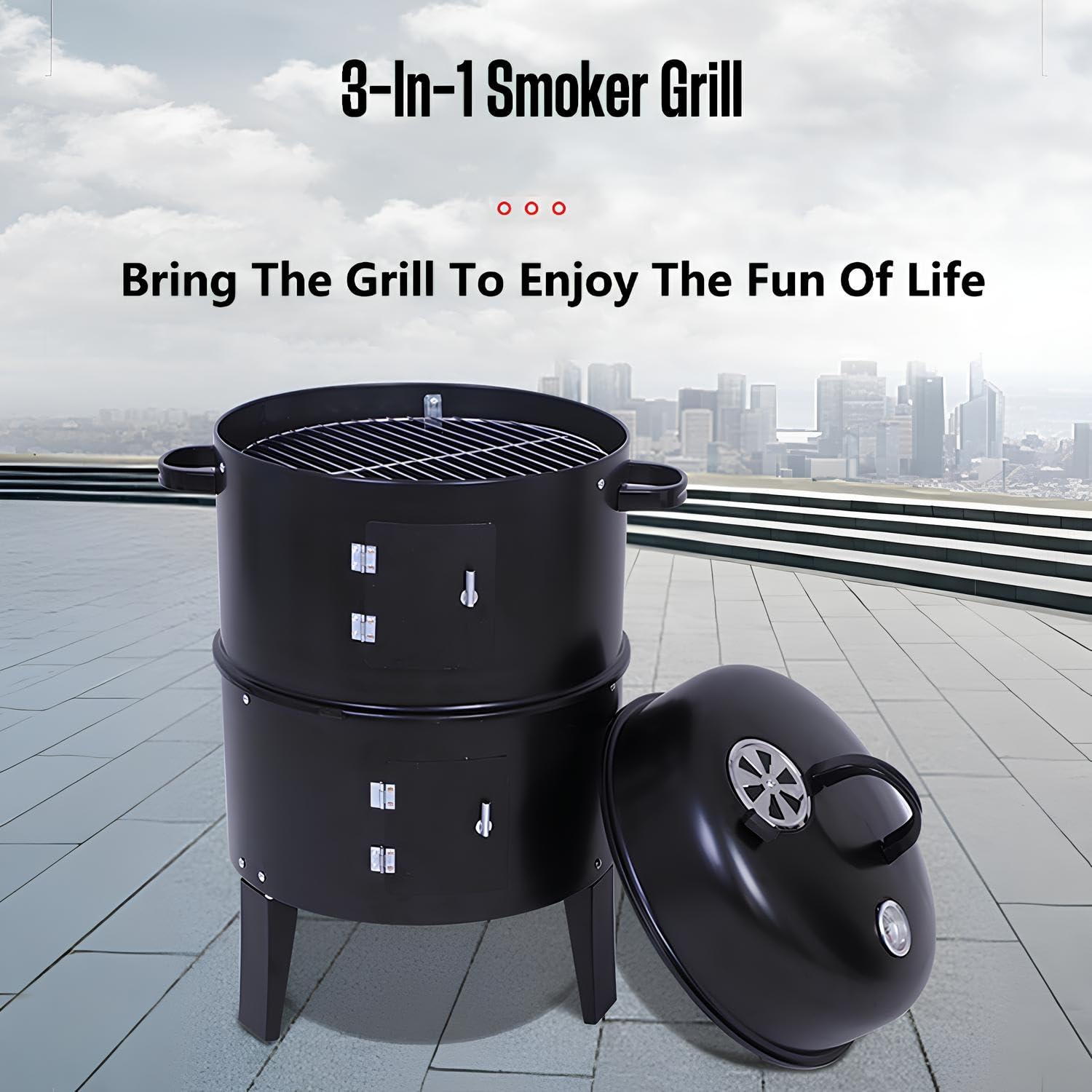 Ahumador Vertical De Carbón, Barbacoa De Carbón Redonda 3 En 1, Parrilla De Carbón Portátil De Acero con Dos Zonas De Cocción Y Termómetro para Camping Y Picnic