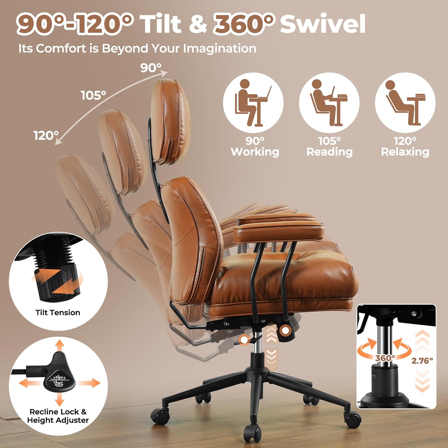 ovios Ergonomic Office Chair, Mid-Century Modern Faux Leather Executive Chairs with Thick Cushion, Comfy High Back Swivel Rolling Computer Armchair (Brown, PU Leather) - Image 4