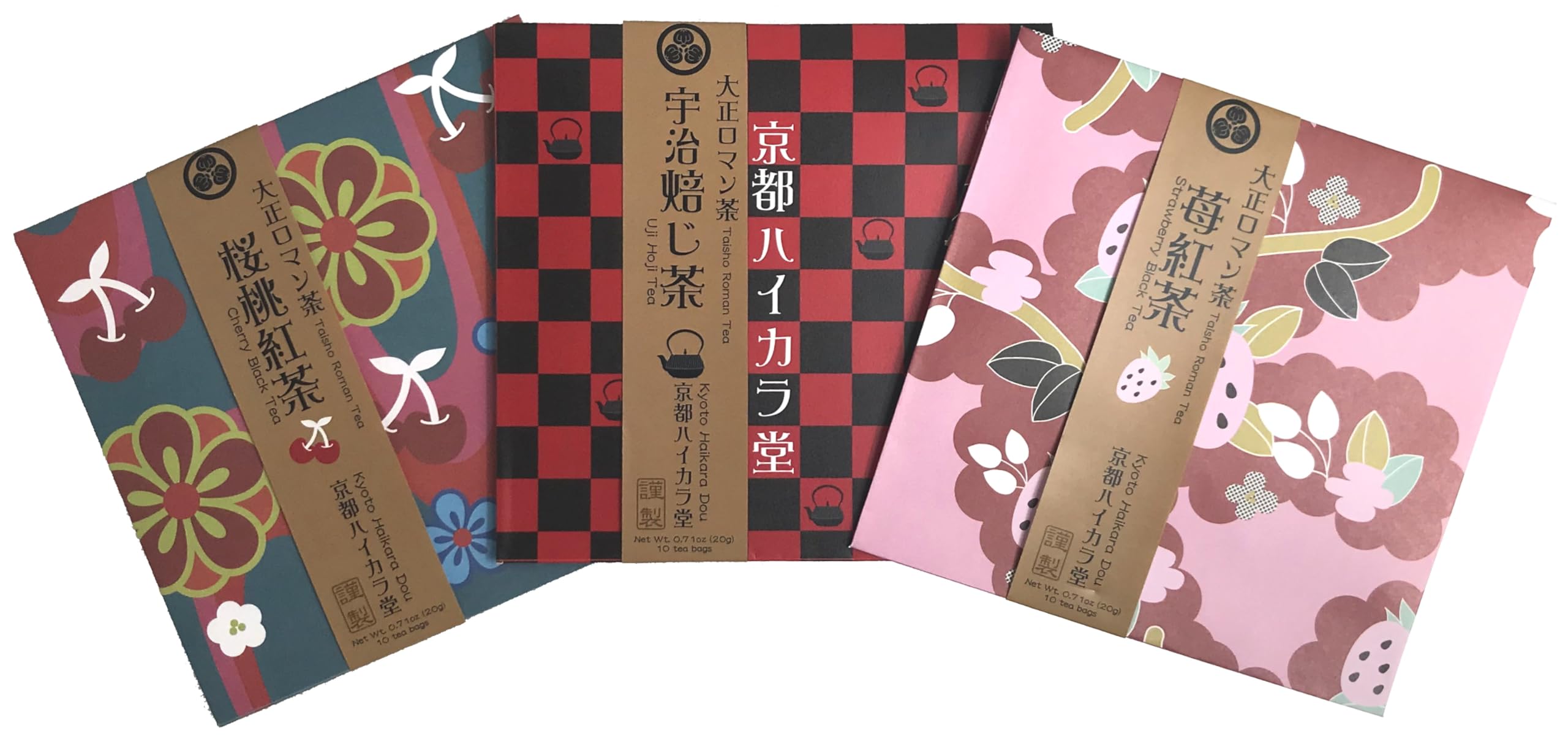 Taisho Roman Tea Popular Gift Set. Uji Hoji Tea, Strawberry Blend, Cherry Blend. Blend of black tea and rooibos with Fruit Flavore in a golden balance. 2g×10 Tea Bags (Pack of 3), Net Wt. 2.11oz(60g), No sugar.