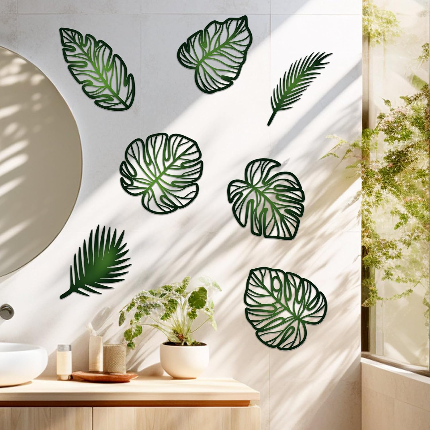 Zzbakress 7 Pcs Palm Tree Wall Art Leaves Wall Decor Tropical Wall Art Jungle Nursery Decor Monstera Room Decoration for Farmhouse Home Kitchen Bedroom Garden (Green)