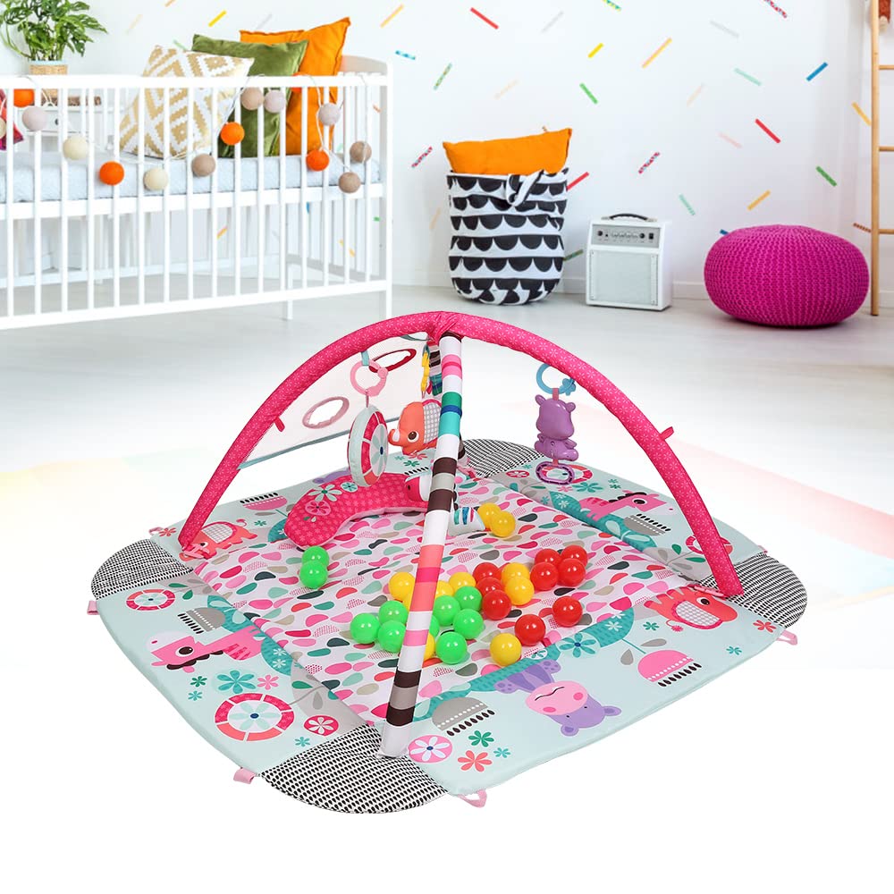 Alfombra de Juego, Gimansio de Actividades para Bebés, Alfombra Bebe con Arco de Juego y Juguetes Sensoriales, Piscina de Bolas (Rosa A)