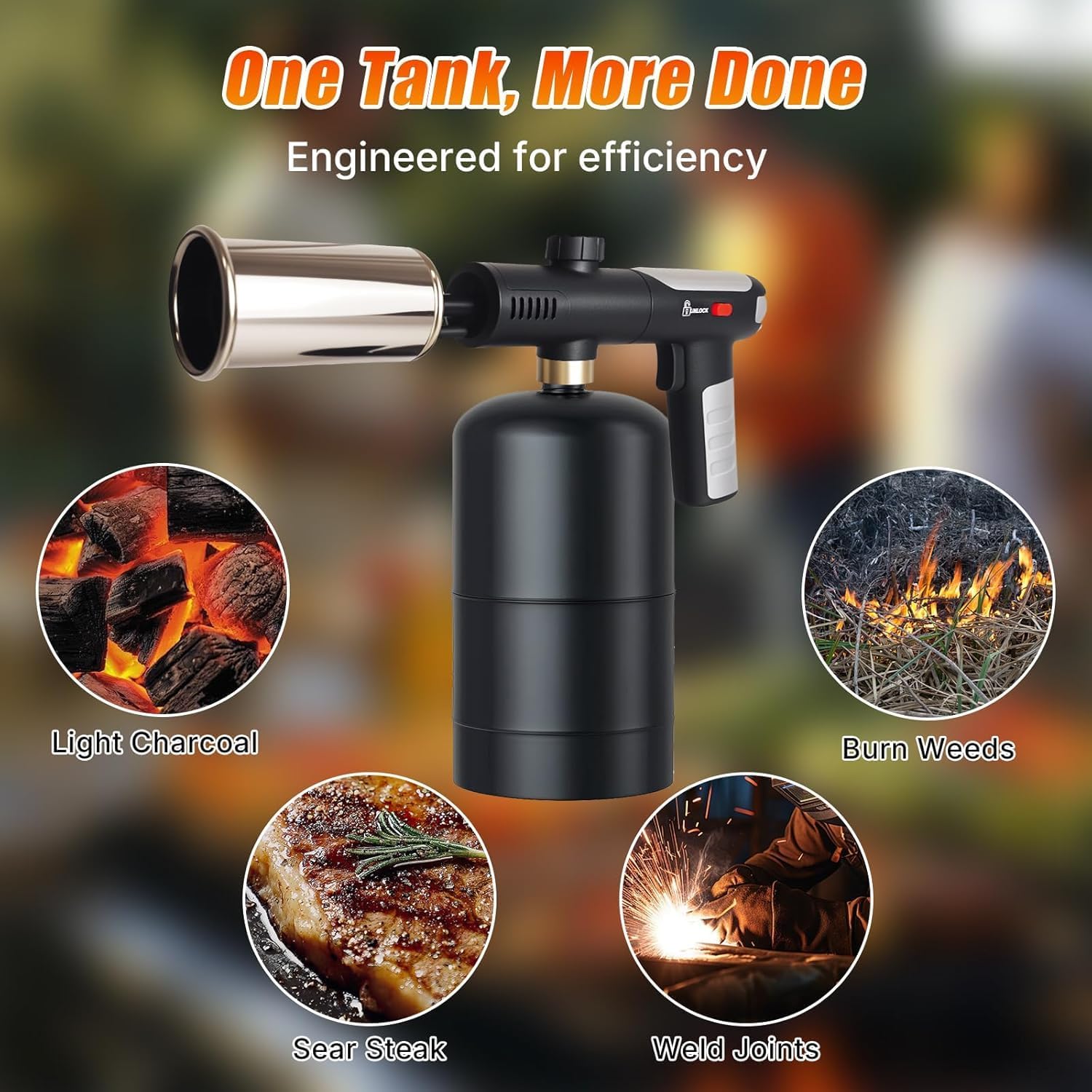 Powerful Propane Torch Gun, One-Touch Max Fire, Charcoal Torch Lighter with Adjustable Flame&Safety Lock, Kitchen Blow Torch for Cooking, BBQ, Searing Steak, Grill (Tank Not Included)