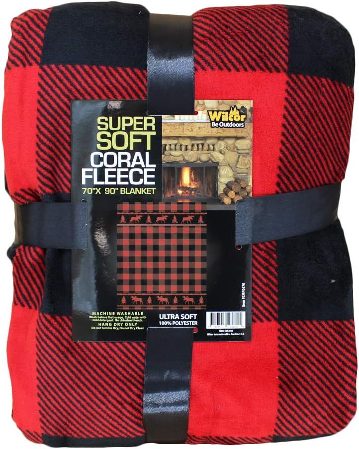 Wilcor 70X90 Coral Fleece Blanket - Moose Red Plaid