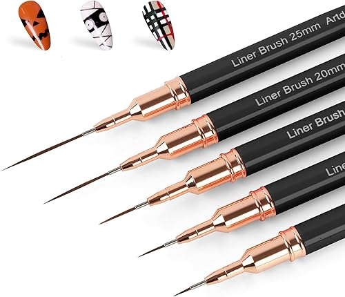 Artdone Metallic Nail Art Pens, Liner Brushes Set, 5PCS Black Nail Tools | For Long Lines, Thin Details, Fine Drawing, Liner Brush UV Gel Polish Painting Nail Design Sizes 5/8/12/20/25mm