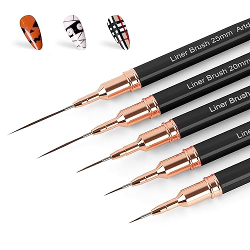 Artdone Metallic Nail Art Pens, Liner Brushes Set, 5PCS Black Color Nail Tools For Long Lines, Thin Details, Fine Drawing, Liner Brush UV Gel Polish Painting Nail Design Sizes 5/8/12/20/25mm - Black