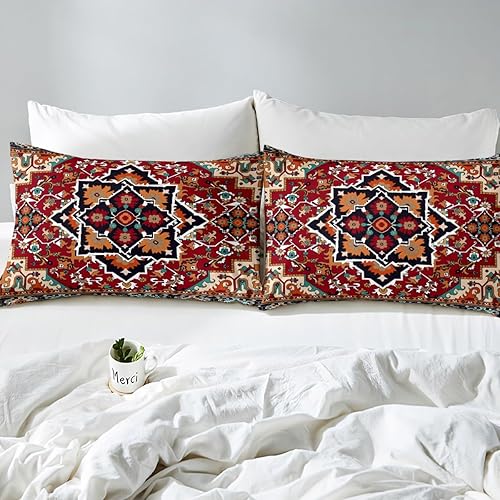 Miniatura 5 de Erosebridal Juego de funda de edredón floral tribal, tamaño Queen, diseño de flores geométricas, color rojo, verde azulado, verde, cuadriculado,