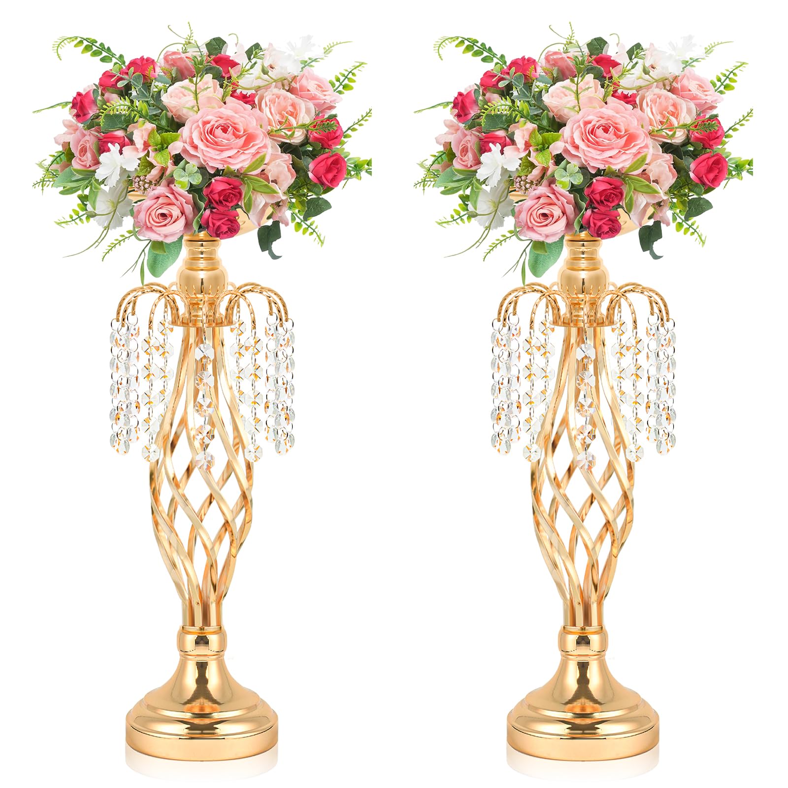 Support de fleurs en métal doré 45cm avec pendentifs cristal pour événement (Lot de 2)