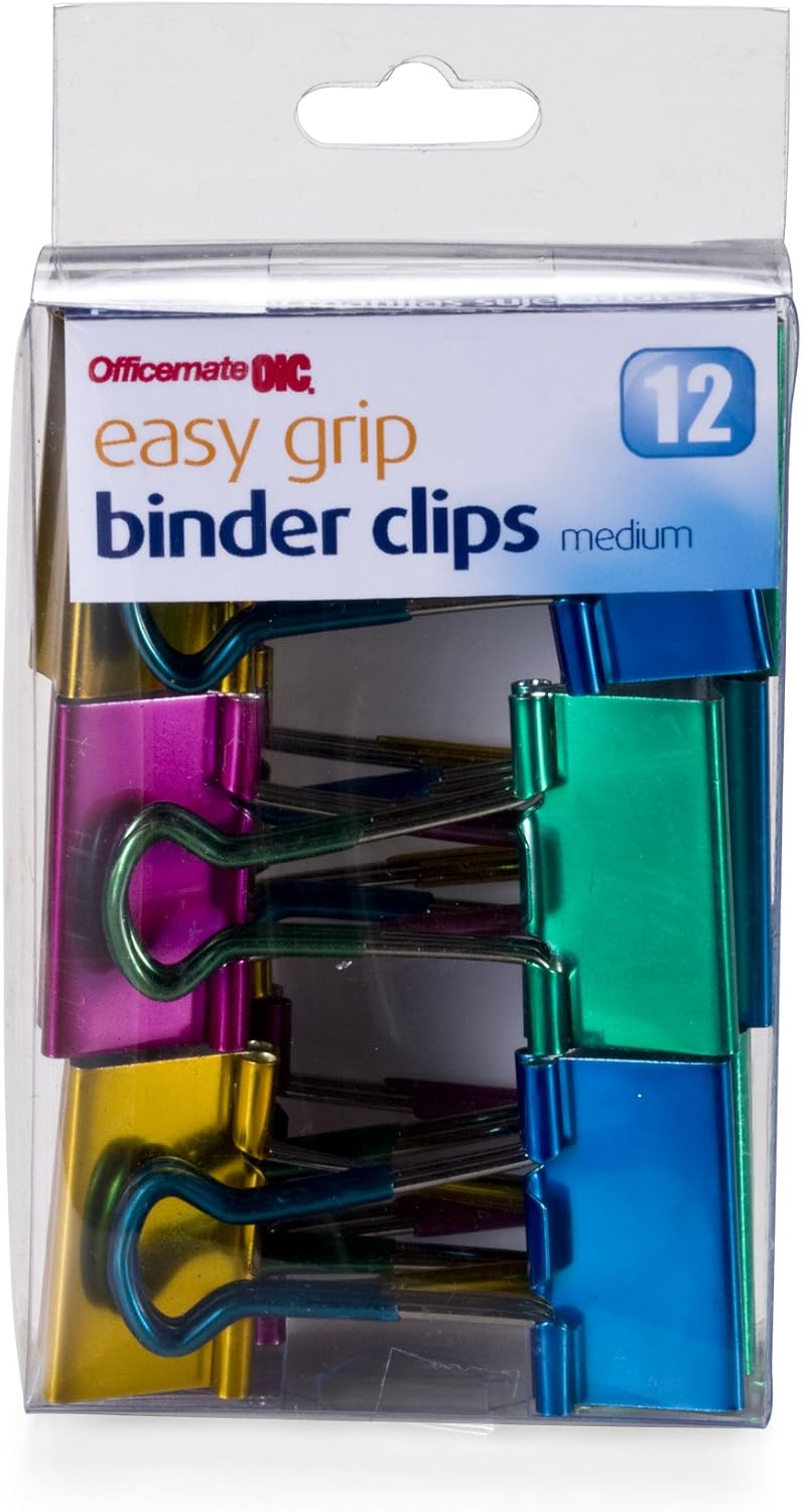 Officemate 31054 Easy Grip Medium Binder Clips, 6 packs of 12 clips each, assorted metallic colors.