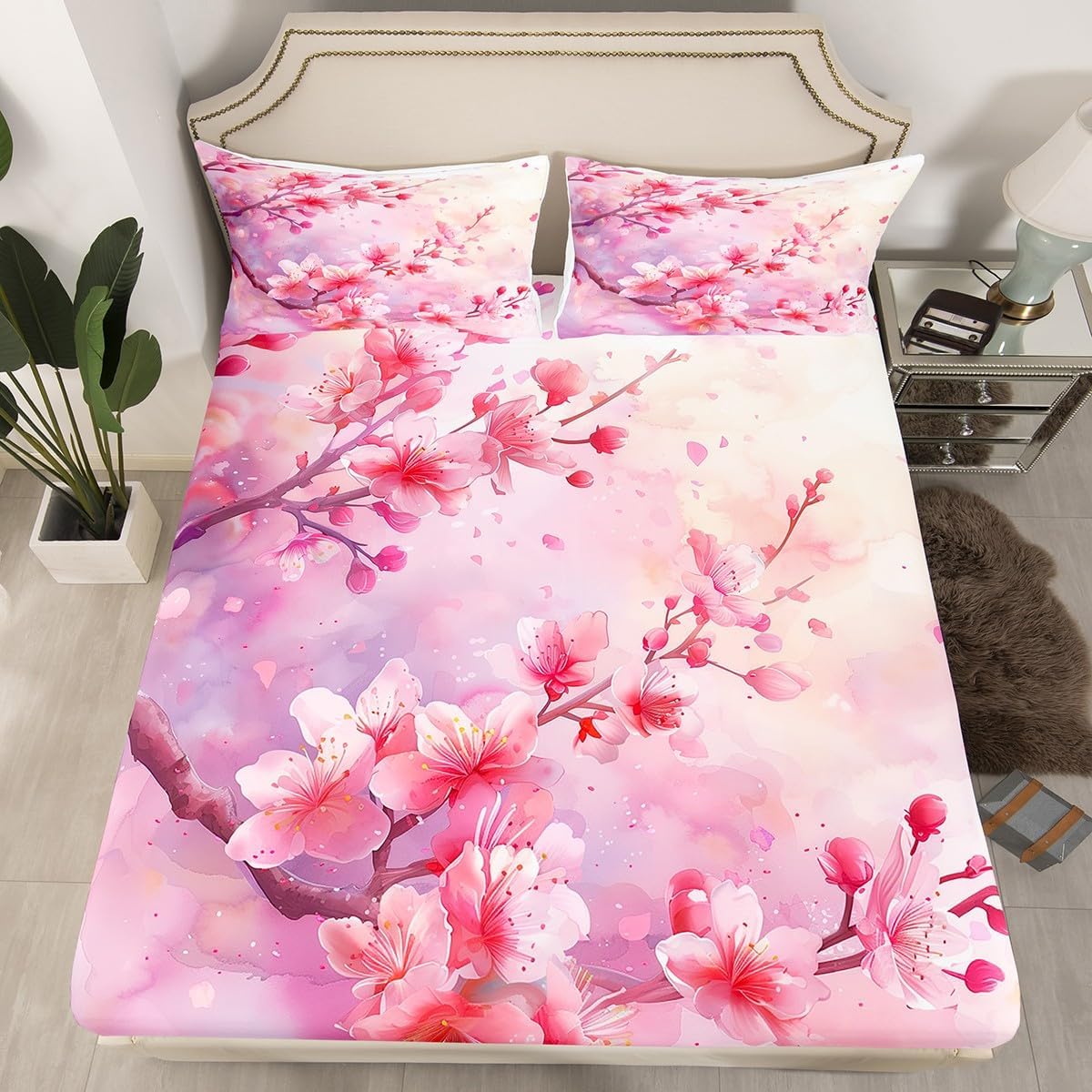 Erosebridal Eucalyptus Leaf Fitted Sheet Queen,Green Plant Floral Bedding Set for Kids Teen Adults,Spring Botanical Eucalyptus Bed Sheets Watercolor Flowers Leaves Summer Cozy Sheets