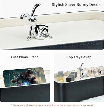 Rectangular Tissue Box Cover for Kleenex, PU Leather Tissue Box Holder, Rectangle Tissue Covers with Cute Silver Bunny, Decorative Tissue Holders for Bathroom, Car, Home, Office - Black