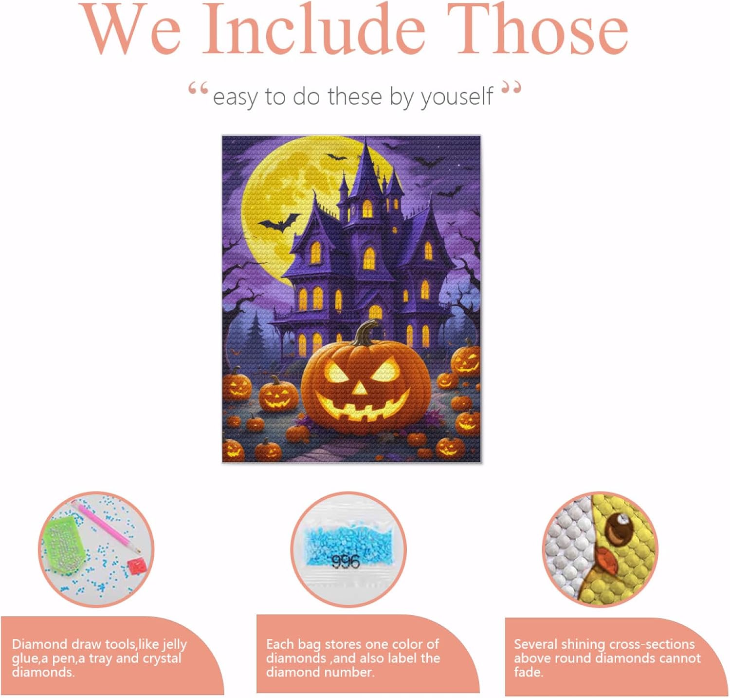 QZOTRXI Castle Diamond Painting Kits for Adults Beginners 5D,DIY Pumpkin Purple Castle Diamond Art,Halloween Full Round Drill Diamonds Dots Gem Art Kits,Home Wall Decor 16x20 Inch