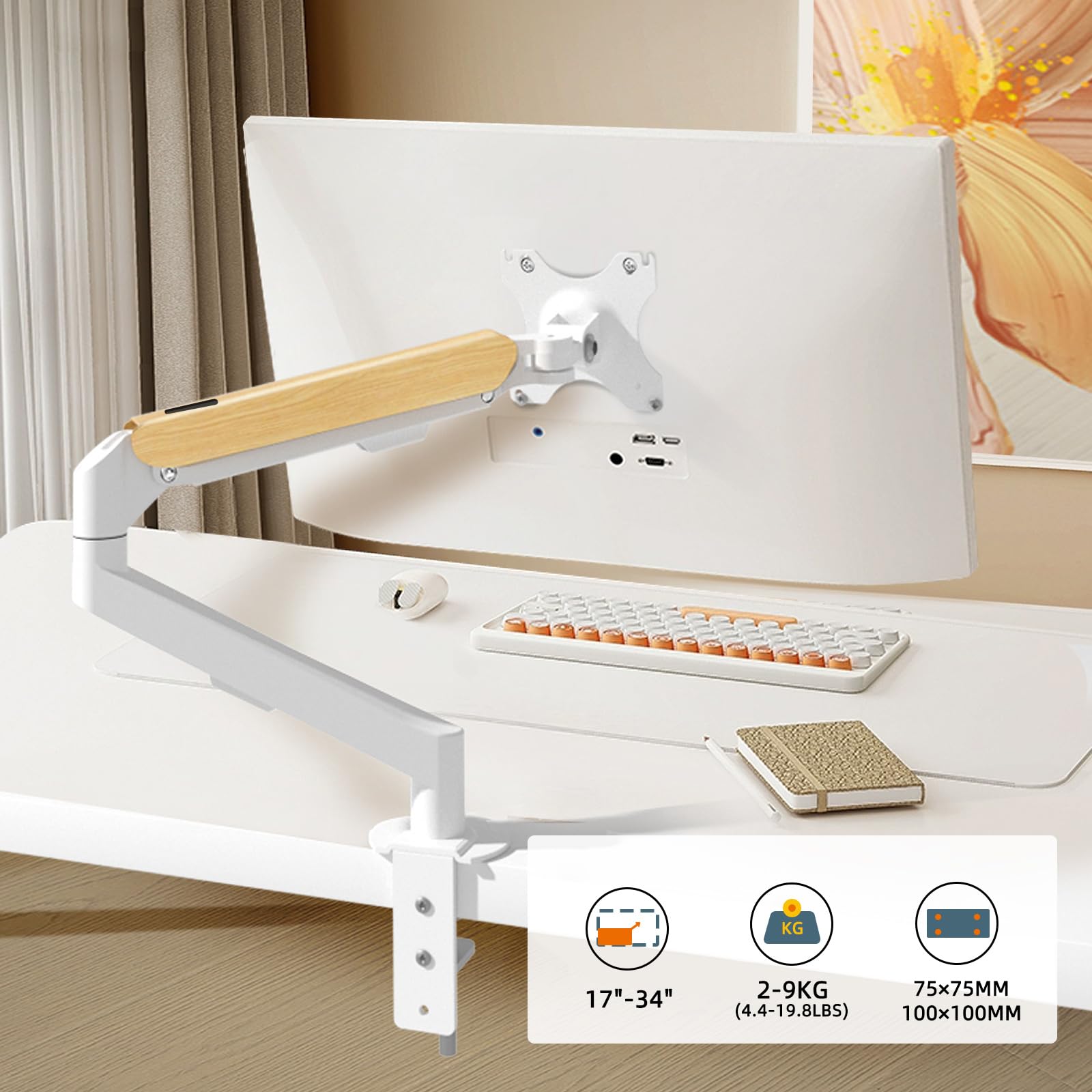 Supporto per monitor in legno bianco per schermi da 17-34 pollici, 1 monitor, regolabile in altezza con inclinazione, orientabile, supporto per schermo da 2-9 kg, VESA 75 e 100 mm, M5W-M