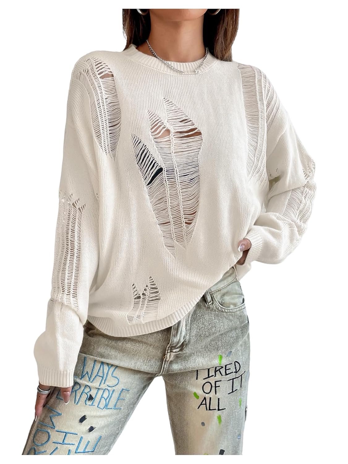 GORGLITTER Womens Gothic Top Distressed Sweater Ripped Drop Shoulder Sweater Long Sleeve Round Neck Pullovers Top