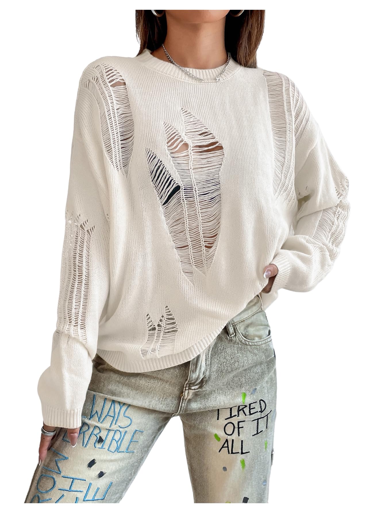GORGLITTER Womens Gothic Top Distressed Sweater Ripped Drop Shoulder Sweater Long Sleeve Round Neck Pullovers Top