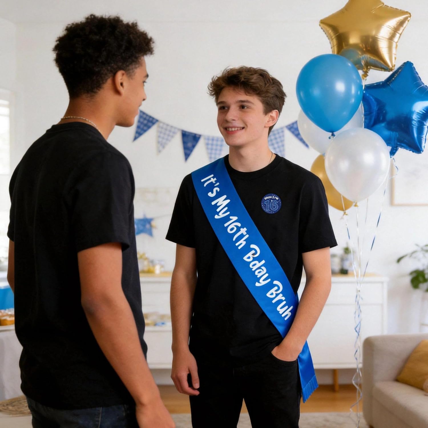 16th Birthday Decorations Gift Boy - 2 Pcs It's My 16th Bday Bruh Sash Bruh I'm 16 Pin Badge Blue Silver Party Supplies Gift for Boys 16 Year Old Birthday Party Decor Accessories