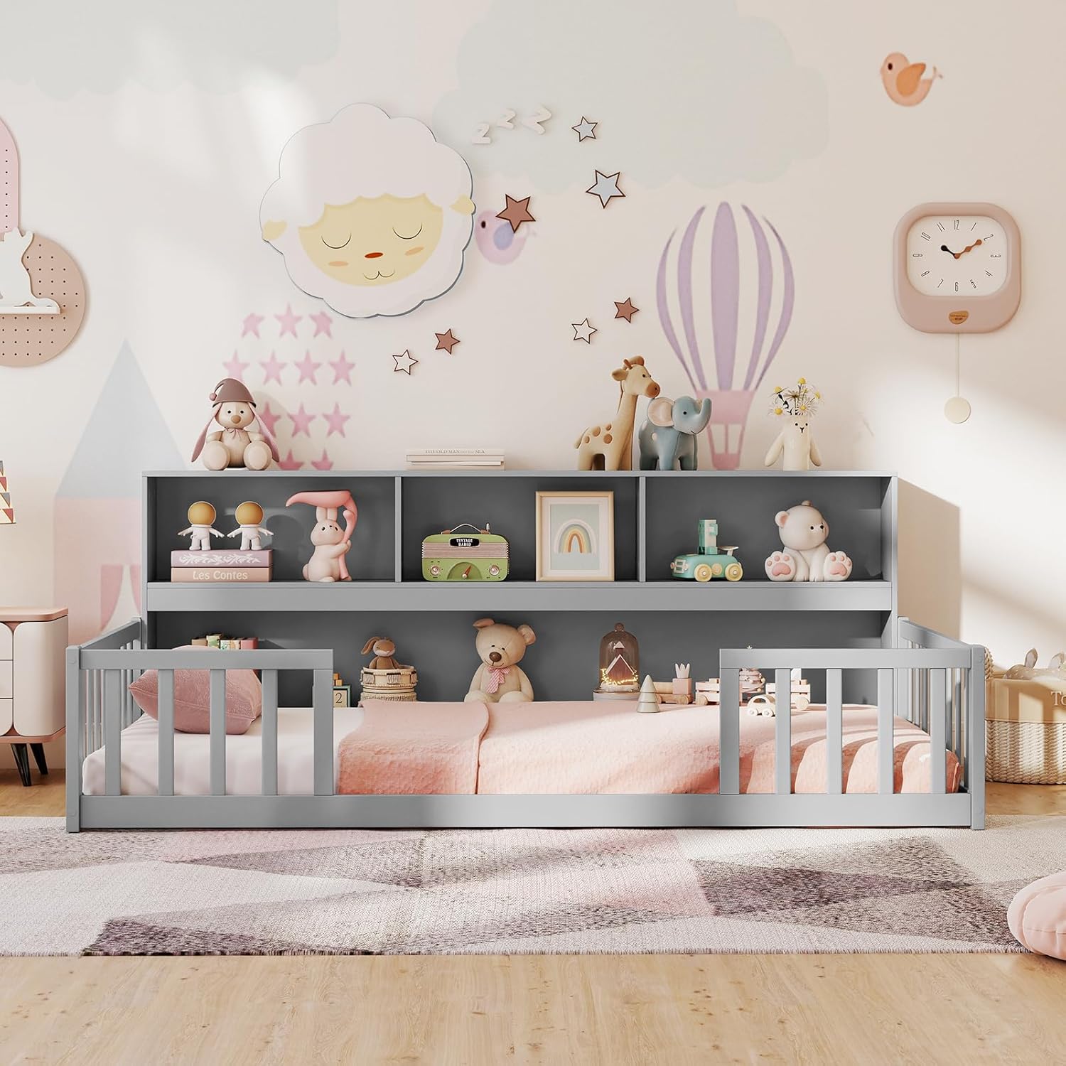 Giantex Twin Floor Bed for Kids, Wooden Montessori Bed Frame with Bookcase, Storage Shelves & Safety Fence Rails, Floor Beds Twin for Girls, Boys, No Box Spring Needed, Without Slats, Grey